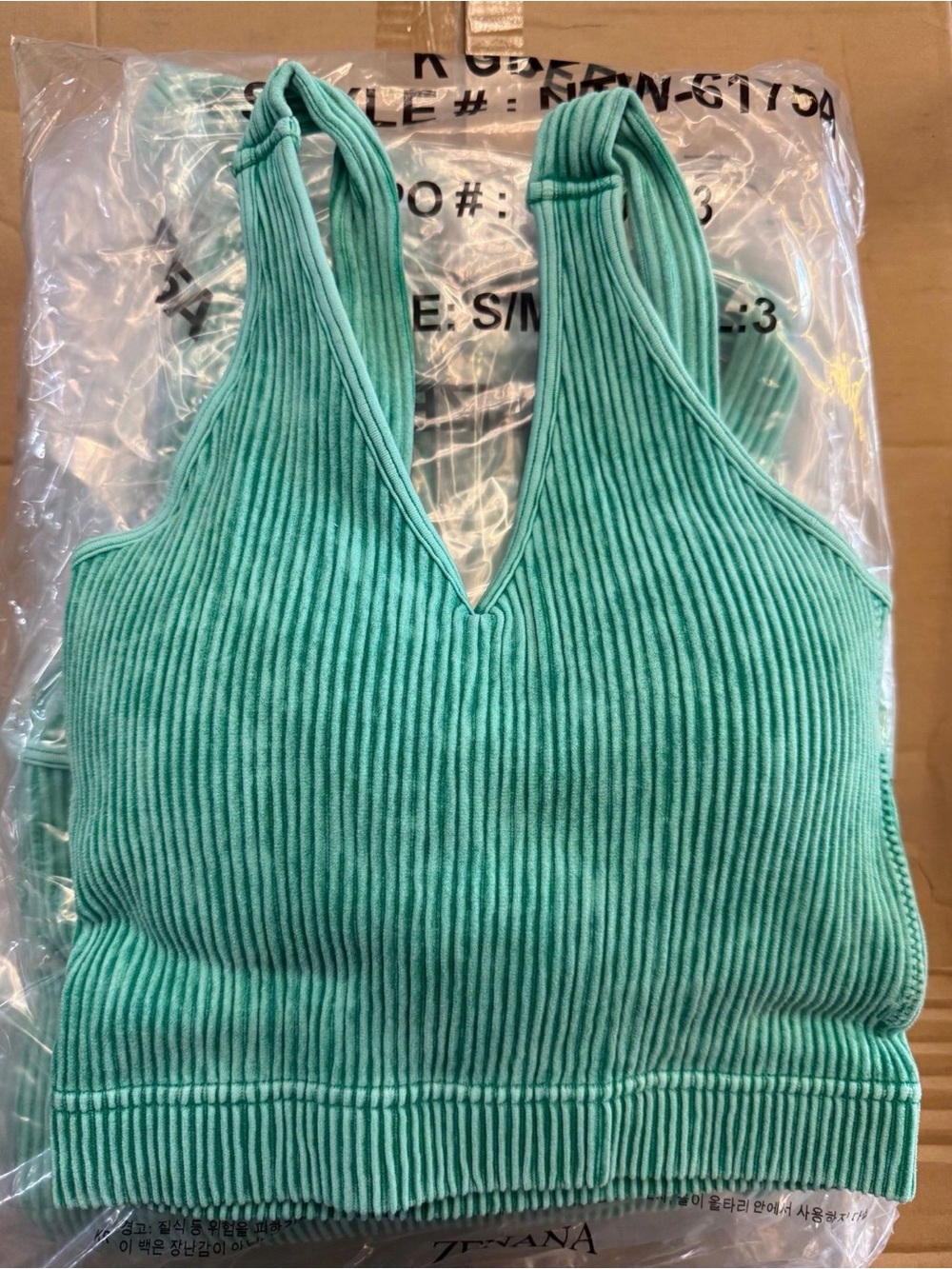 Zenana Ribbed V-Neck Cropped Brami in Teal padded